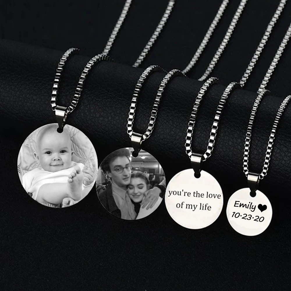 Engrave Name Photo Coin Necklace Box Chain Stainless Steel Personalized Logo Drawing Pendant for Woman Kids Family Jewelry Gifts