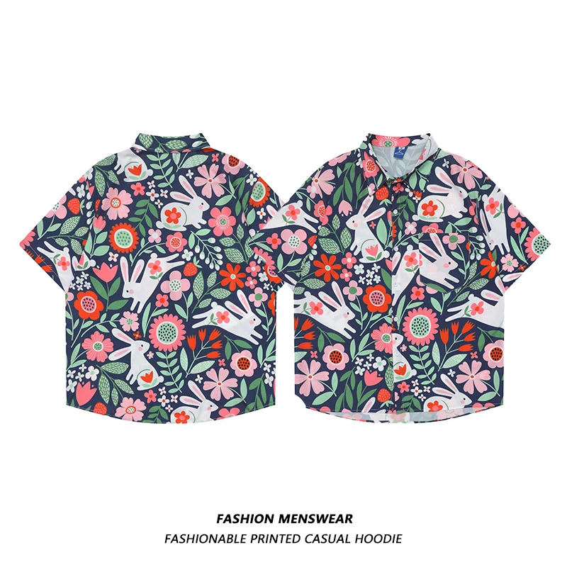 Oversize Rabbit Flower Print 2022 Summer New Joker Loose Couple Casual Shirts for Male Female Students