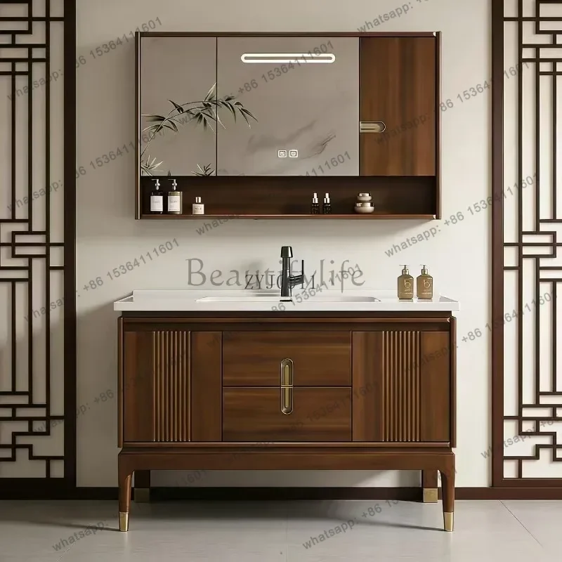 z.New Chinese rubber wood floor-to-ceiling ceramic integrated basin, bathroom cabinet combination washstand