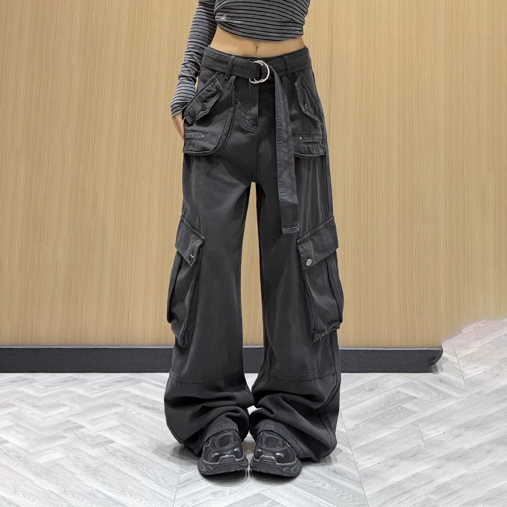 2025 autumn and winter new street versatile multi-pocket tooling jeans women's casual loose and thin wide-leg trousers