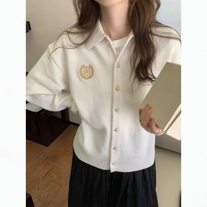 American Vintage Cardigan Sweater for Women Varsity Brand Badge Embroidery POLO Shirt Loose Winter Coat Autumn Winter Streetwear