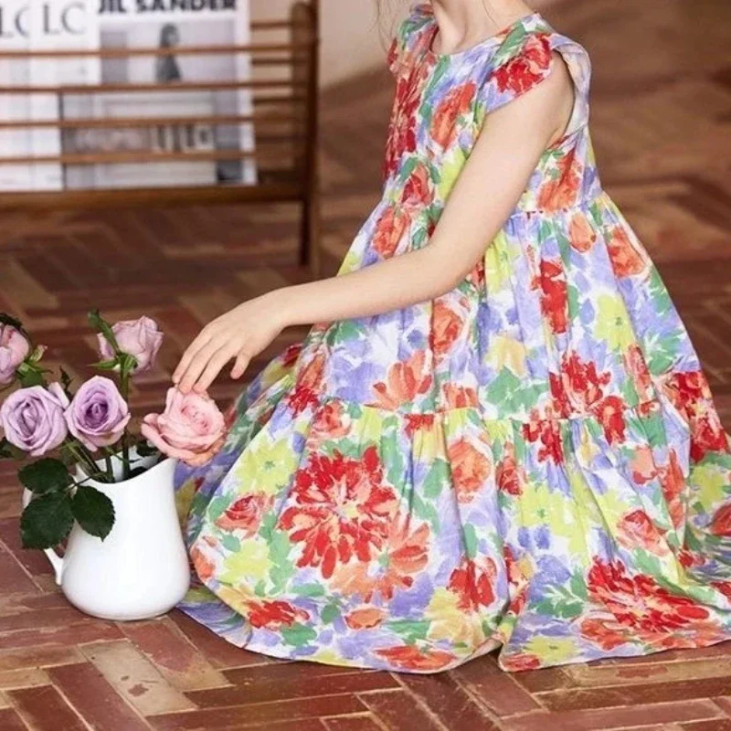 

2025 Summer New Thin Small Flying Sleeve Oil Painting Floral Dress