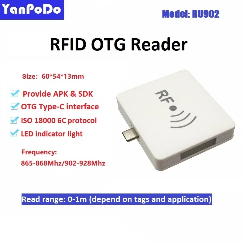 Yanpodo 860-960Mhz Portable Handheld UHF RFID Android OTG Reader USB RFID Reader UHF range 1M Type-c Interface with APK and SDK