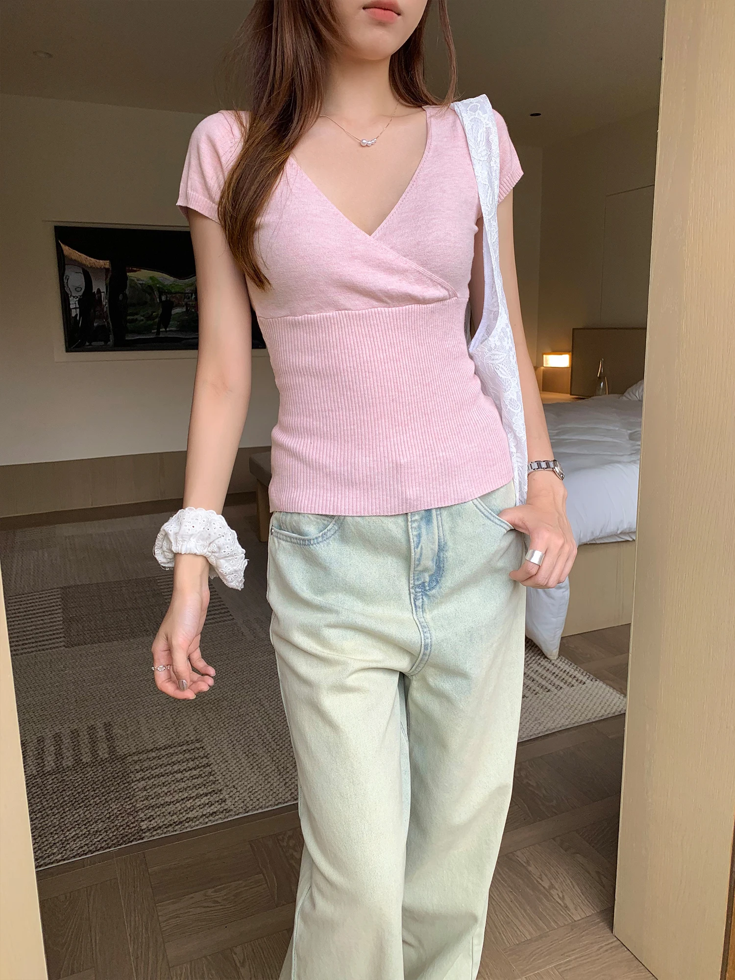 Elegant Cross V-neck Knitted Short Sleeve T-shirt Women's Summer Slimming Versatile Overhead Shirt Gentle Style Casual Basic Fit