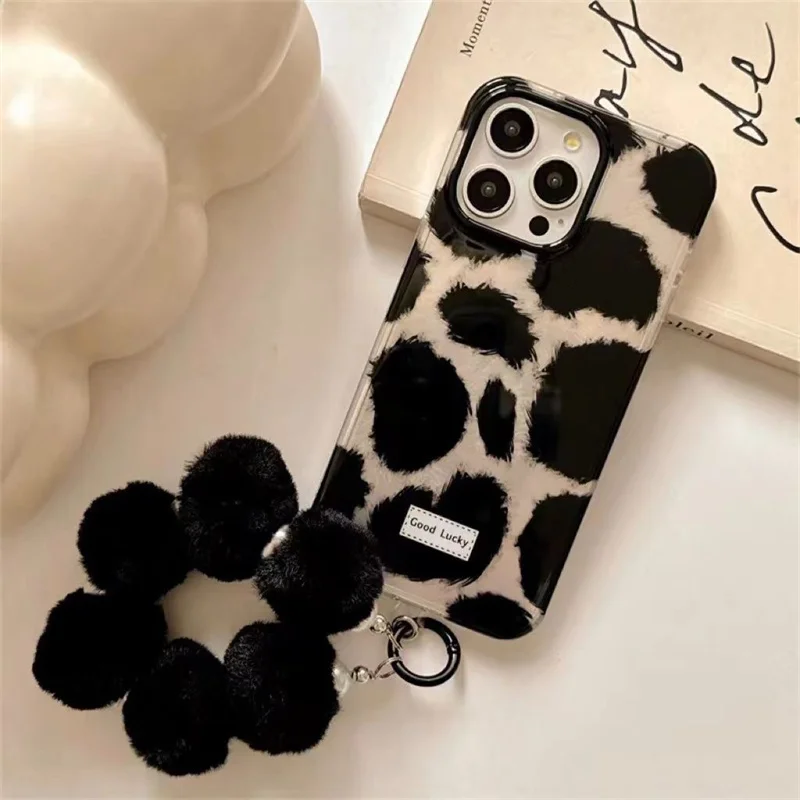 Вихревой принт IND крутой стиль черный чехол для телефона с леопардовым принтом и черным плюшевым ремешком для iPhone 11, 12, 13, 14, 15, 16, 17 Pro Max