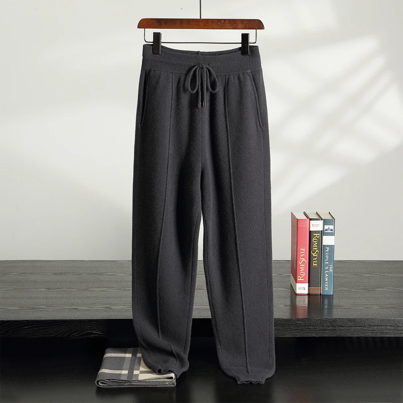 100% wool men's casual solid color knitted ankle pants, loose and warm pants, autumn/winter thick mid seam sports pants