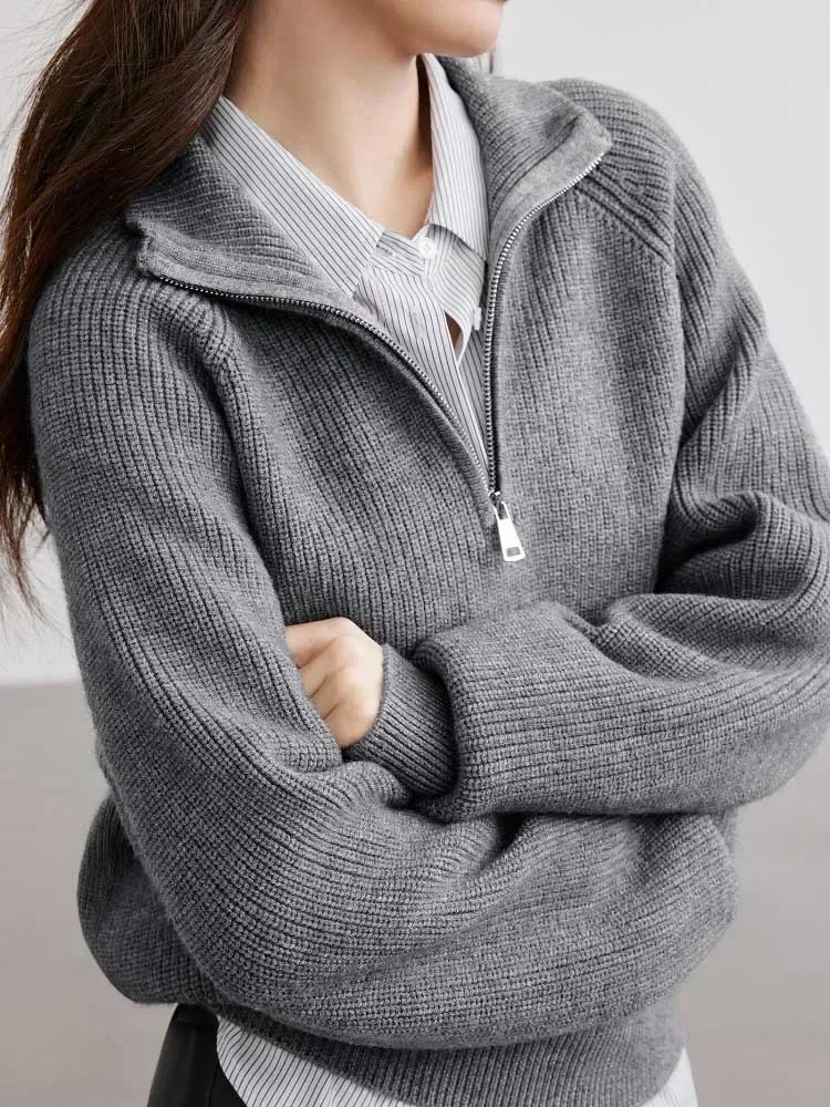 เสื้อสเวตเตอร์ผู้หญิง แขนยาว ซิป คอปก ผ้าถัก สไตล์ลำลอง ทรงหลวม รุ่นปี 2025 เสื้อกันหนาวโอเวอร์ไซส์สำหรับผู้หญิง