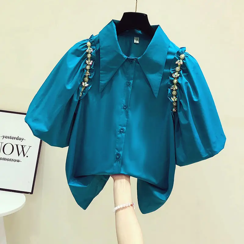 

Vintage Rhinestone Blouse Fungus Lantern Short Sleeve Cotton Crop Tops Camisa Feminina Blusas Spring Women Shirts Casual Retro