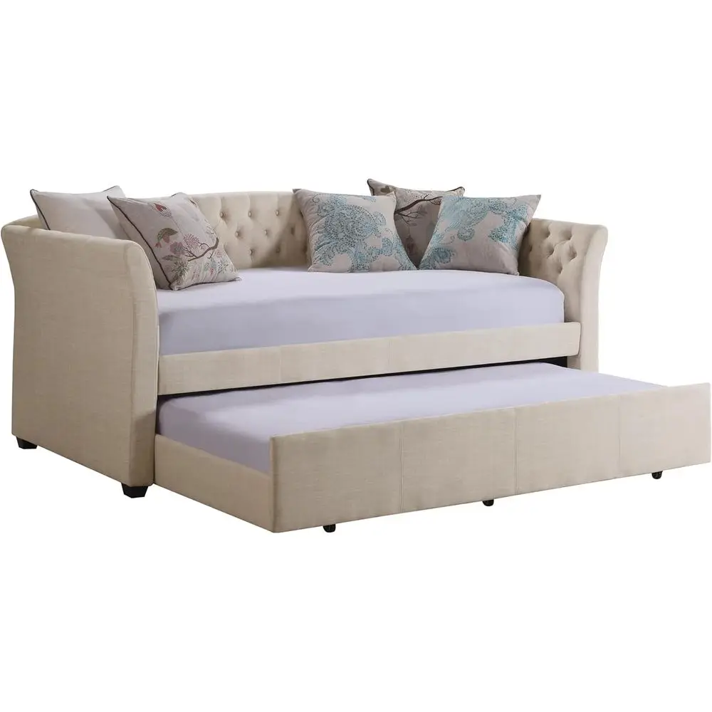 

Beige Velvet Upholstered Twin Daybed with Button Tufting and Trundle for Living Room or Bedroom