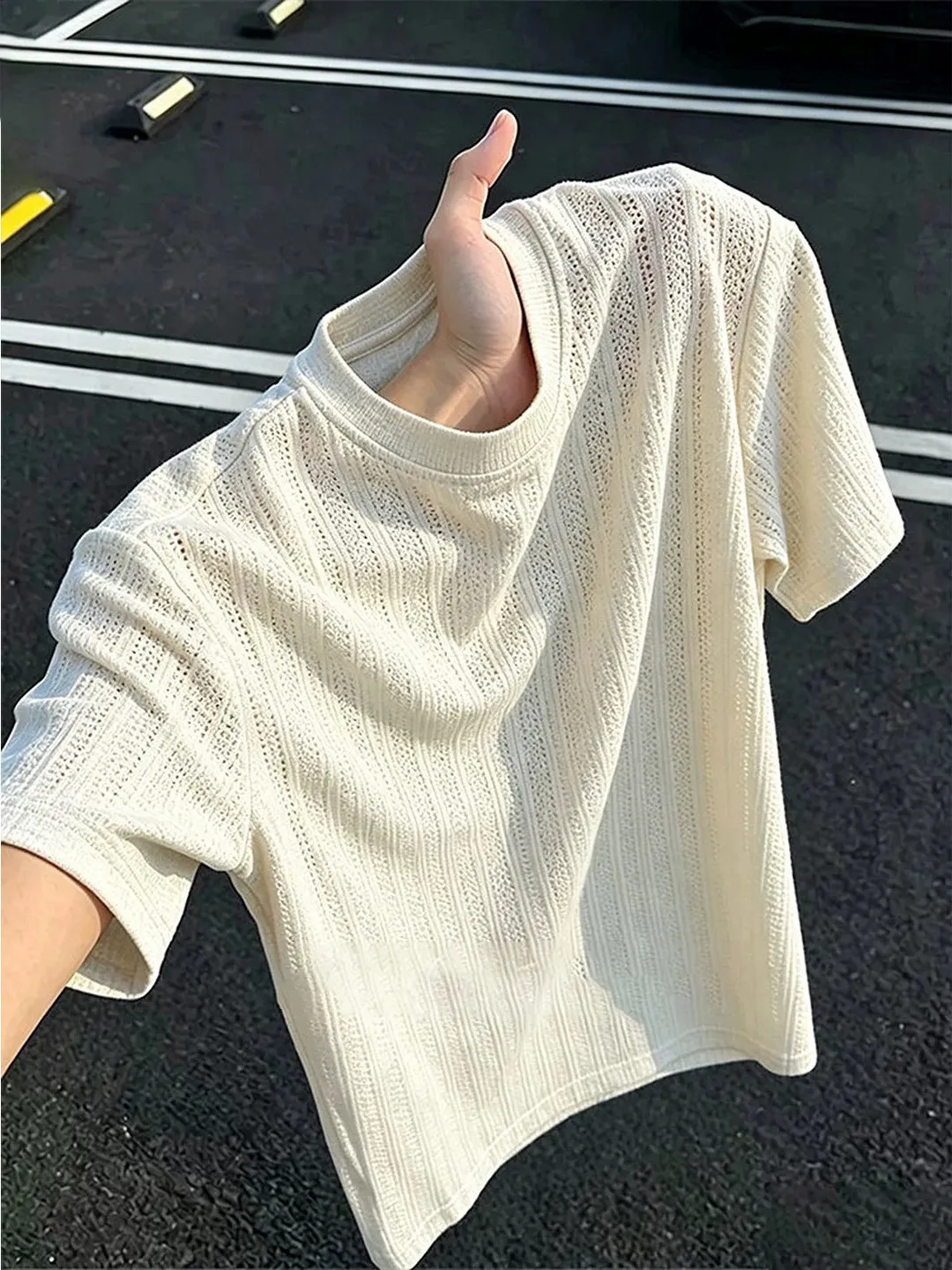 Ice Silk Texture Wheat Spike Pattern Short Sleeve Men's T-Shirt Lightweight Breathable Summer Casual Half Sleeve T-Shirt