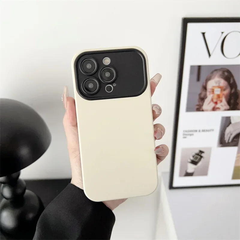 Simple Color Blocking Large Window Lens Phone Case Fro IPhone 16 15 14 13 12 11 Pro Max Plus Luxurious Shockproof Soft Cover