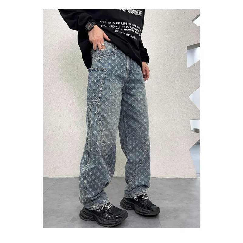 2024 New High-End and Fashionable Embroidered Jeans Men's Retro Washed Wide Leg Straight Loose Hip Hop Trendy Denim Pants