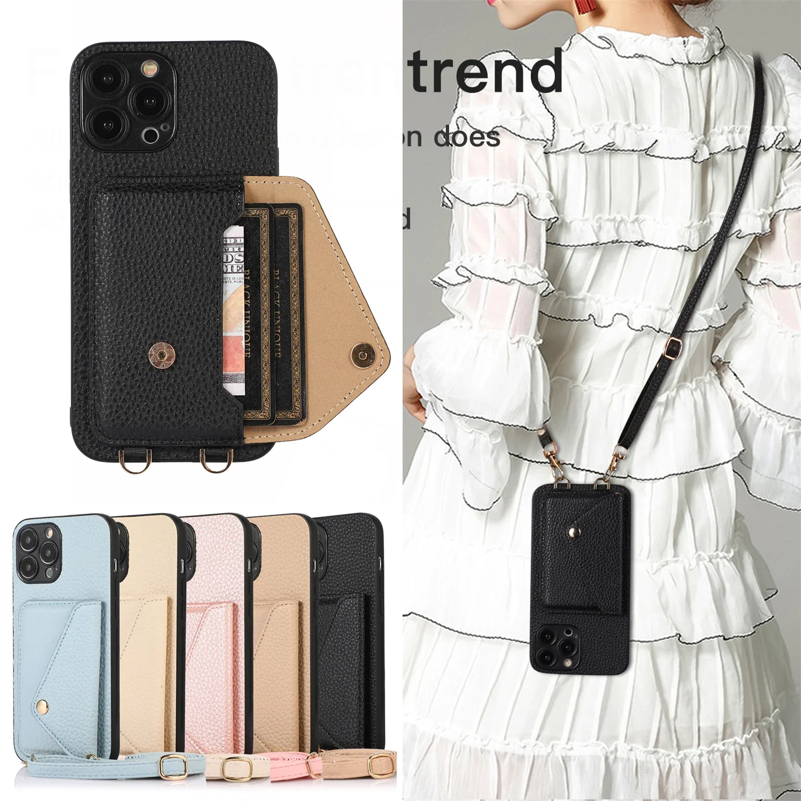 Crossbody Card Holder Wallet Phone Case for IPhone 15 14 13 12 11 Pro Max XR XS X 8 7 SE 2 3 Lanyard Chain Strap Cord Bag Cover