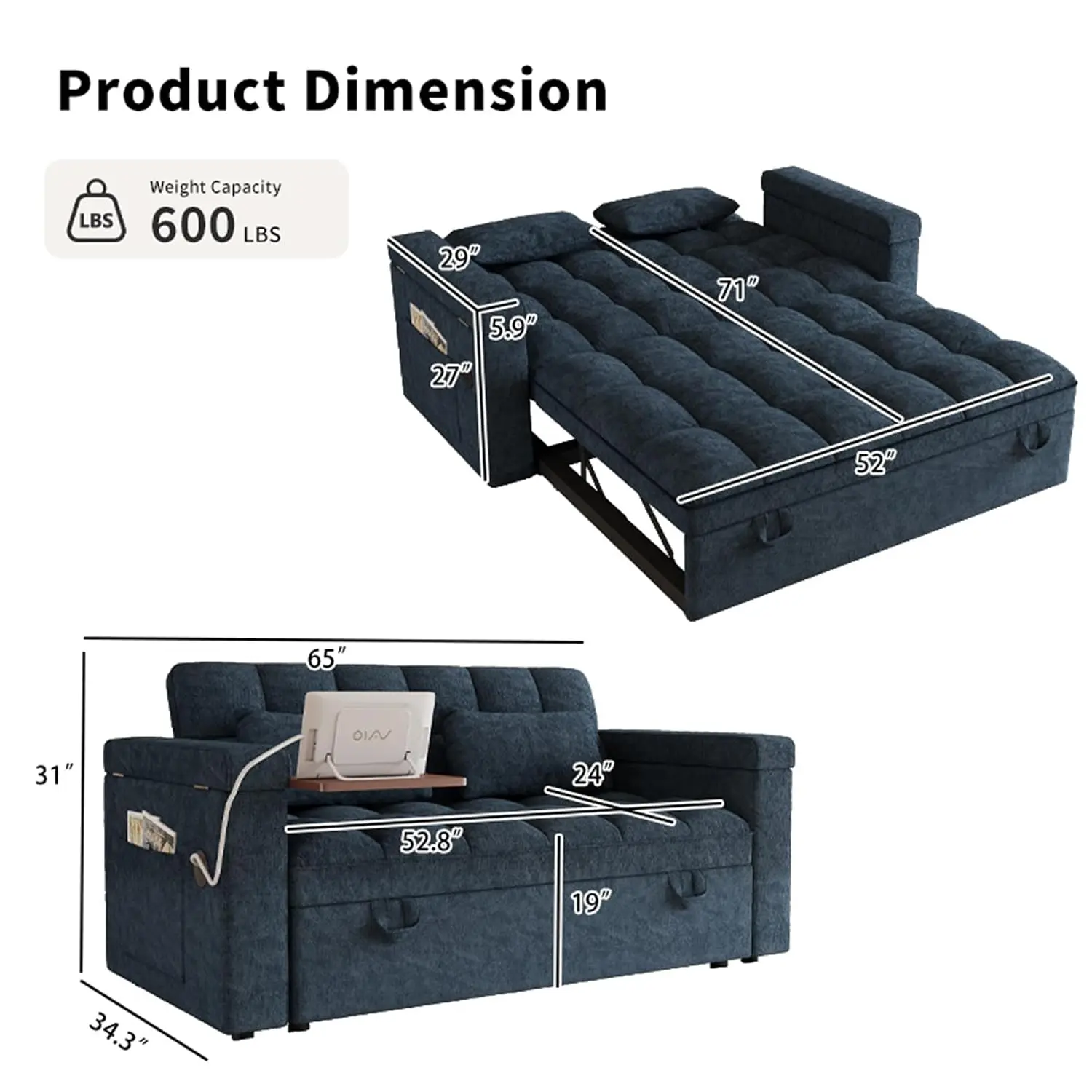 3-in-1 Convertible Pull Out Sofa Bed, 65