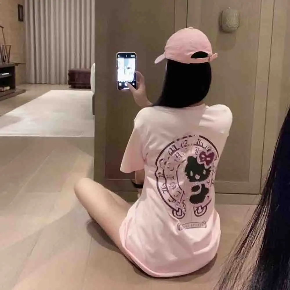 Korean Version Hello Kittys Diamond Printed Women's T-Shirt Y2K Sanrio Girls Short Sleeve Fashion Loose Casual Tops Large Size - view 2