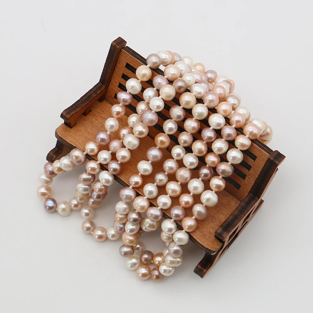 

Natural Freshwater Pearl Long Beaded Necklace 7-8mm Colorful Round Pearl Loose Bead DIY Bracelet Jewelry Accessory 1 Strand/pack