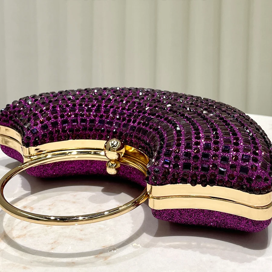 Purple shiny luxurious diamond ring handle handbag lady's evening bag for party dress wedding clutch purse chains shoulder bags view 4