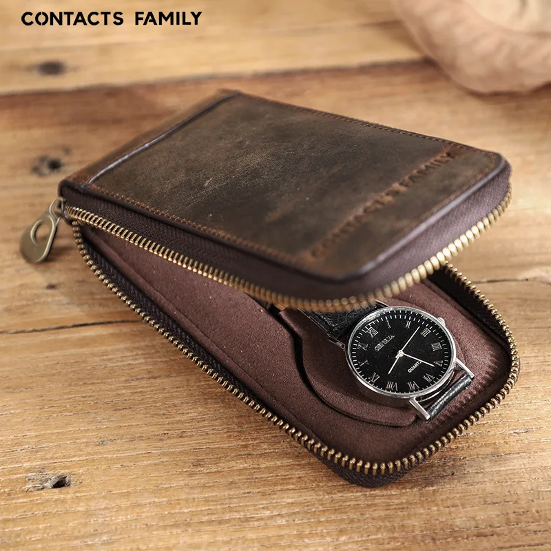 Contacts Family Retro Wild Horse Leather Watch Storage Box - Single-Piece Portable Zippered Leather Watch Cover