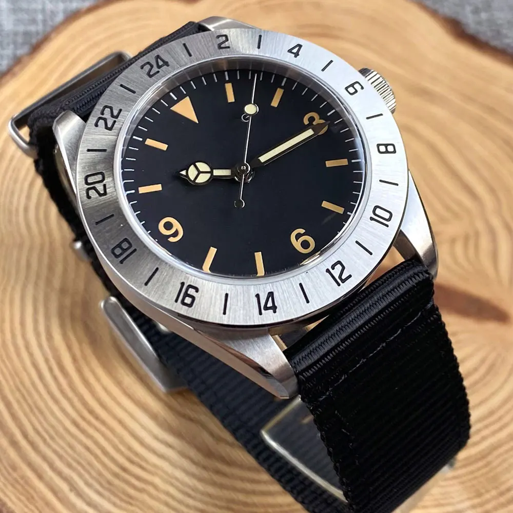39mm Automatic Watch for Men NH35 PT5000 Movement Black Dial Sapphire Crystal 24 Hours Bezel Nylon Strap Scew-in Crown view 2