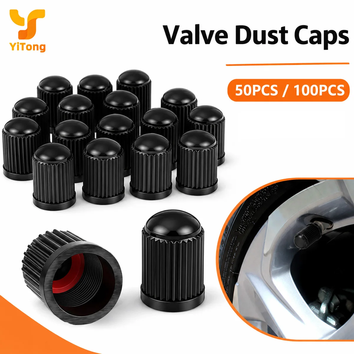 Yitong 50/100PCS Universal Protective Tire Valve Stem Caps With Rubber O-Ring Dust Proof Fit Auto SUV Truck Motorcycle Bicycle