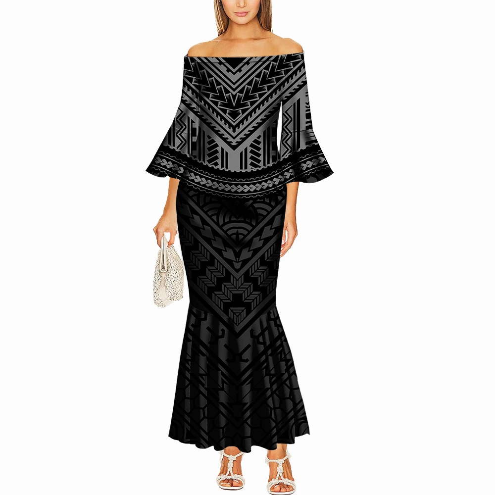 Summer Fashion One-Shoulder Puletasi Dress From Fiji Islands Custom-Made Printed Polynesian Tribal Women'S Tight Fishtail Dress