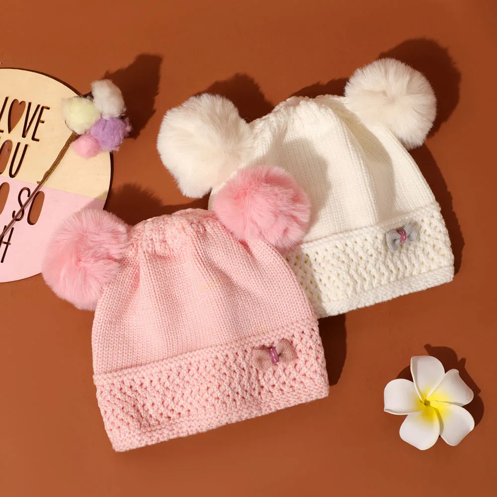 

Sweet Double Ball Hats Top Quality Girls Warm Knitted Beanie Winter Fleece Pink Girl Hat For Kids 6-36 Month