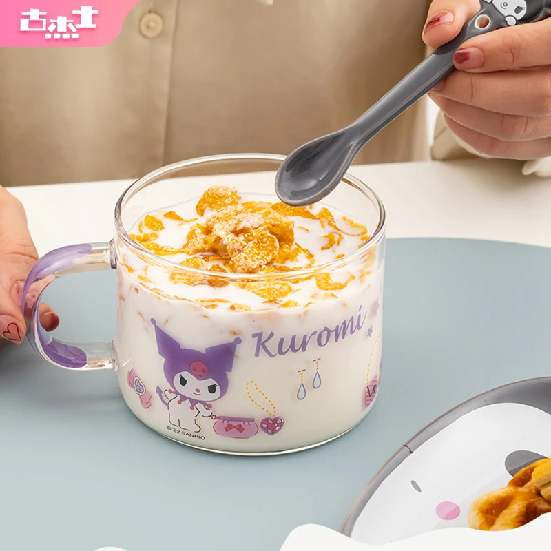 

For Sanrio 450ML Glass Cups Cute Cinnamoroll Kuromi Transparent Cups with Handle Home Office Coffee Cup Breakfast Milk Juice Mug