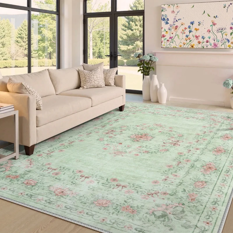 Living Room Carpet Large Area Machine Washable Vintage Traditional Floral Beige Rug for Bedroom Bedside Floor Mats Alfombra 거실러그