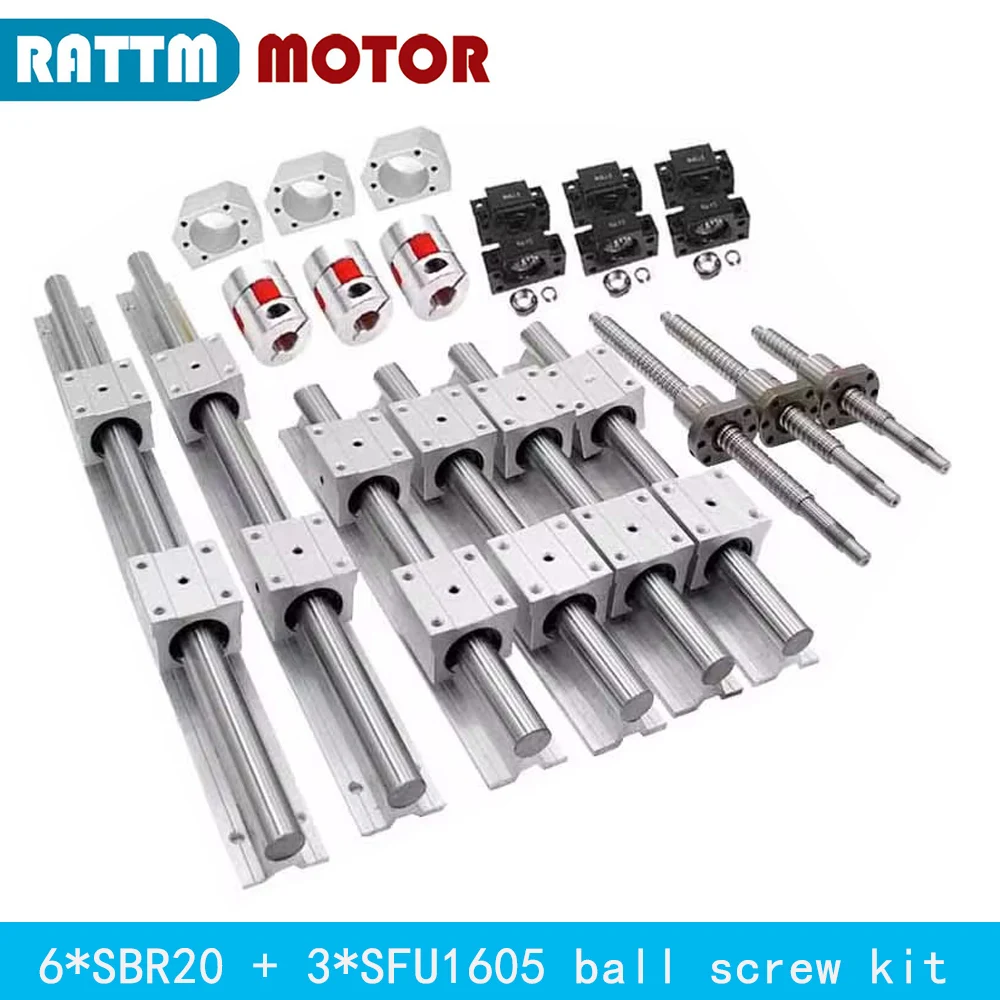 【EU】6Pcs Linear guide way Rail SBR20 300 600 1000mm CNC Kit & Ball screw SFU1605 350 650 1050mm For CNC Router Milling Engraving