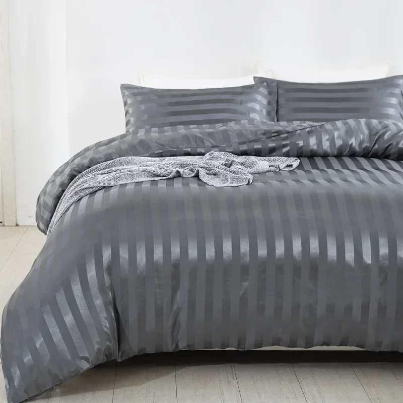 3 Pieces Satin Striped Duvet Cover Full/Queen Size Set,Luxury Silky Like Grey Stripe Duvet Cover Bedding Set with Zipper Closure