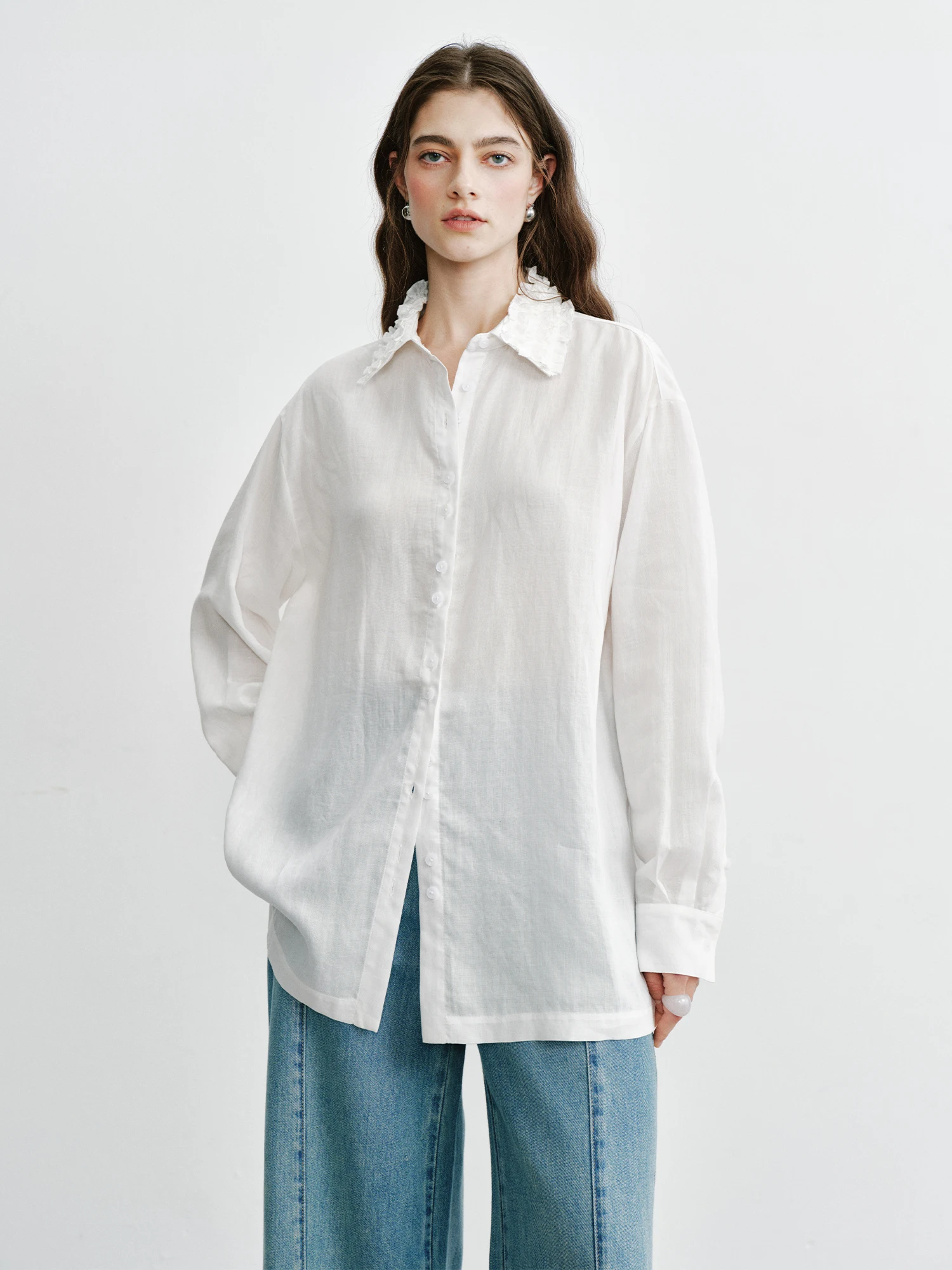 

AIYUTONG French Style Loose Fit Long Sleeve Shirt Comfortable Sunscreen Lace Collar Linen Blend Women's Casual Shirt