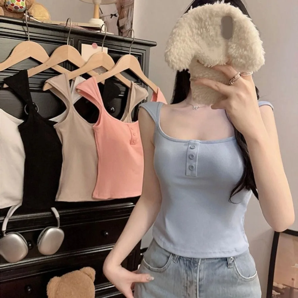 

Fashion Square Neck Sleeveless Crop Top Vest Simple Sweet Girl's Tank Top Slim Fit Female Clothing Camisole with Pads Lady