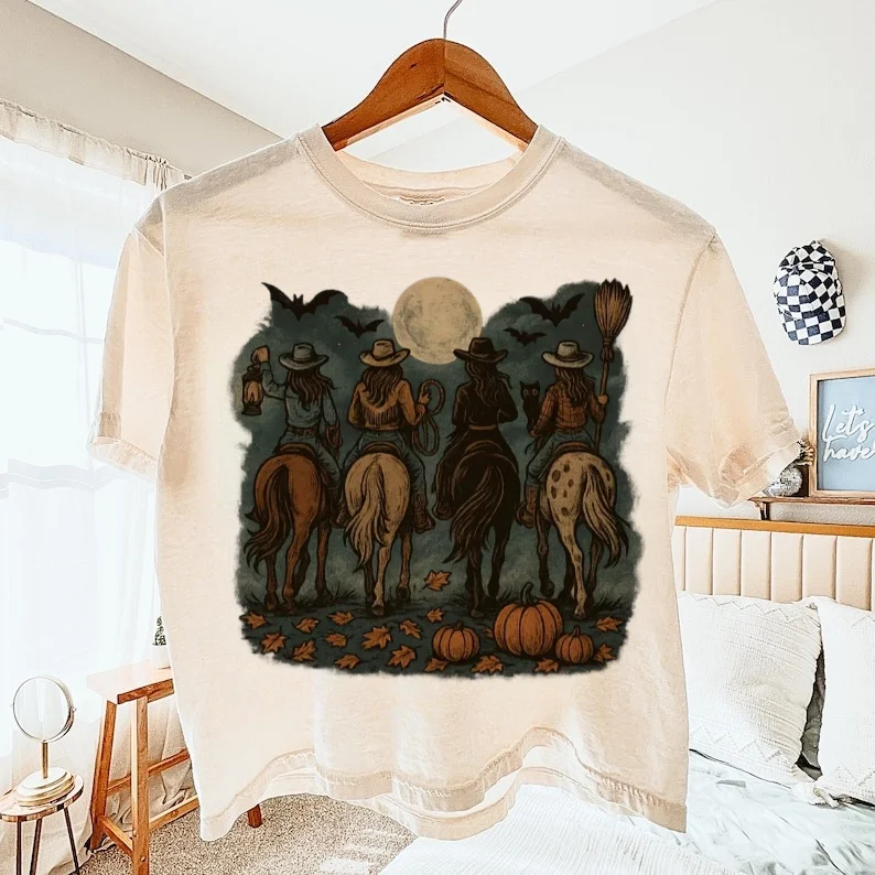 Damska koszulka na Halloween z nadrukiem, jesienna, z okrągłym dekoltem, z motywem kreskówkowym, codzienna, popularna, uniwersalna, urocza bluzka, biała koszulka damska.