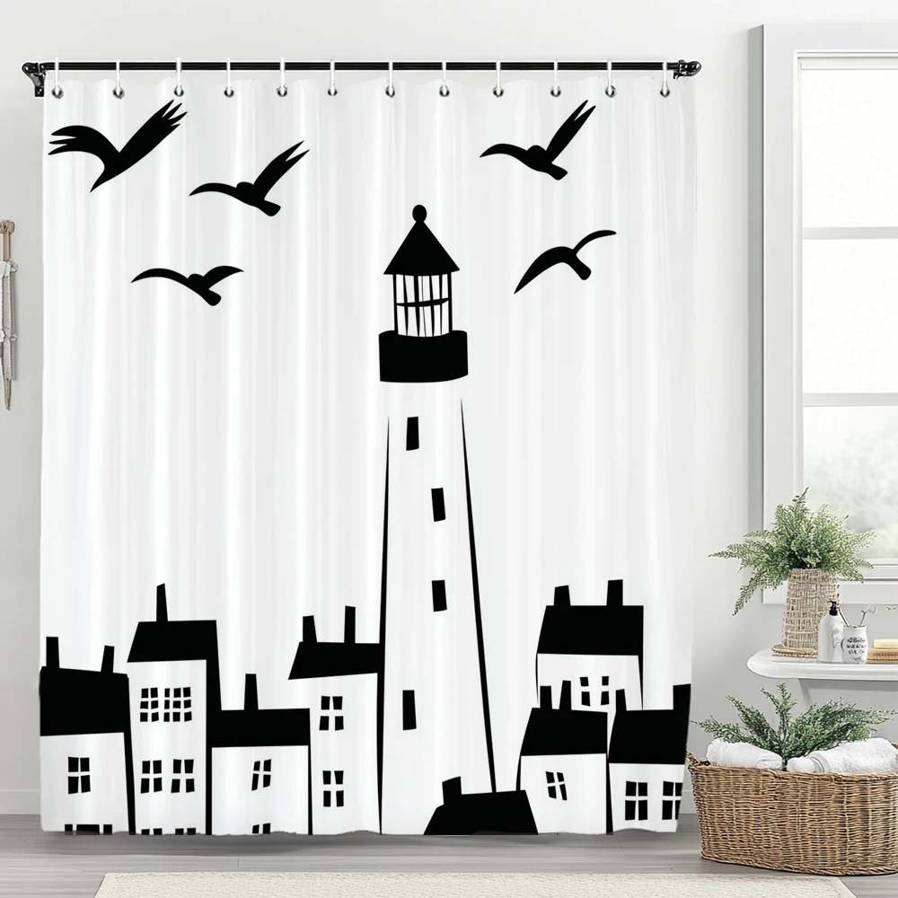 Simple ocean lighthouse style Printing Shower Curtain, Bathroom Decorative Shower Curtain, Waterproof Shower Curtain with Hooks