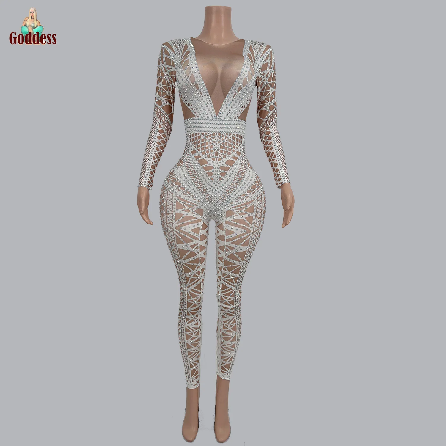 

Rhinestone Spandex Tight Fitting Chic Jumpsuit for Women Nightclub Dance Costume Dancer Performance Stage Sexy Printing Jumpsuit