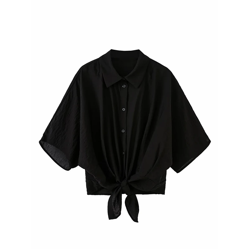 

YENKYE New 2026 Women Black Knot Shirt Short Sleeve Lapel Collar Casual Spring Summer Crop Top