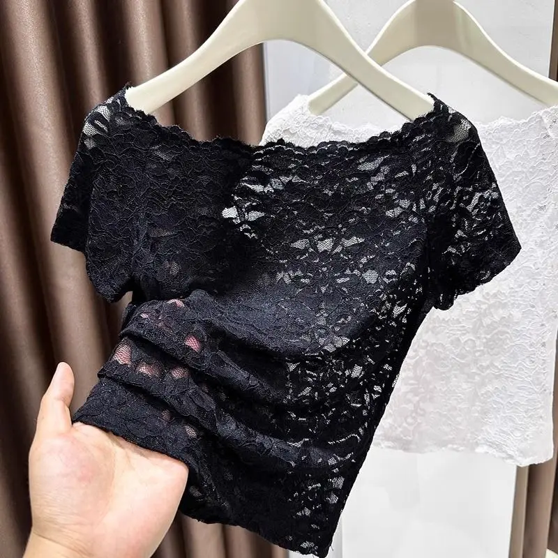 Slimming Ice Silk Mesh Lace Short Sleeve T-Shirt Women's Summer Pure Desire Sexy One-Shoulder Hollow out Korean Style Top
