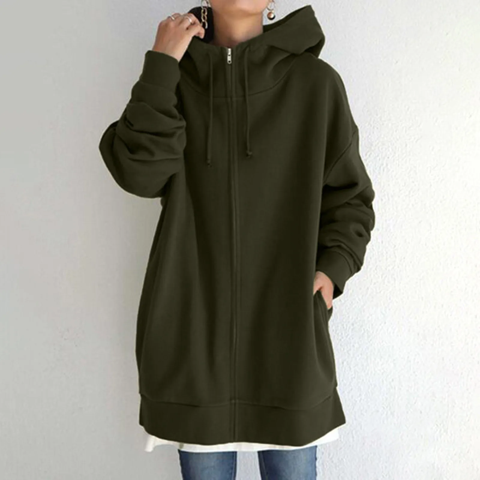 

Women's Hooded Fleece Zipper Sweatshirt Winter Solid Color Long Sleeve Baggy Mid-Length Coat With Pockets Elegant Outwear