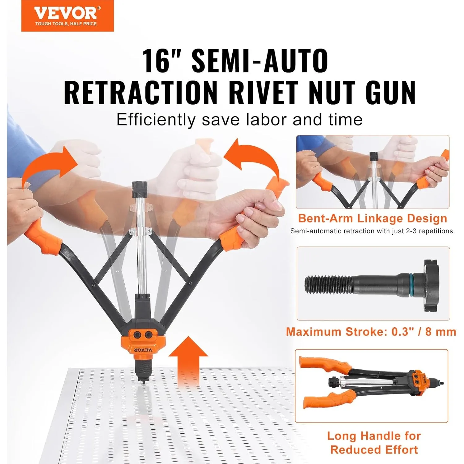 Rivet Nut Tool, 16 inch Rivnut Tool Kit with 13PCS Metric and SAE Mandrels, 186PCS Rivet Nuts, Semi-auto Retraction