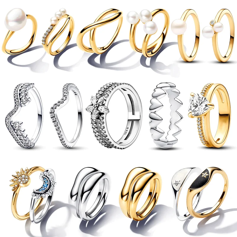 

Authentic 925 Sterling Silver Moon Sun Day Night Organically Shaped Stacking Heart Pearl Sparkling CZ Pantaro Rings Fine Jewelry