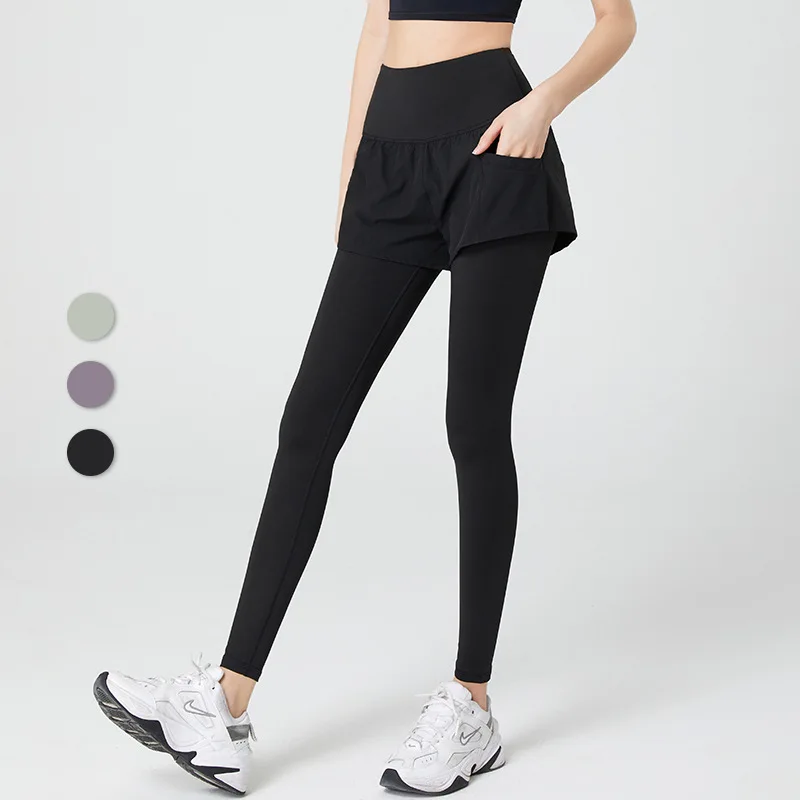 Women High Waist Yoga Pants Fake 2 IN 1 Two Pieces Leggings High Elastic Gym Fitness Running Tights Exercise Leggings Sportswear