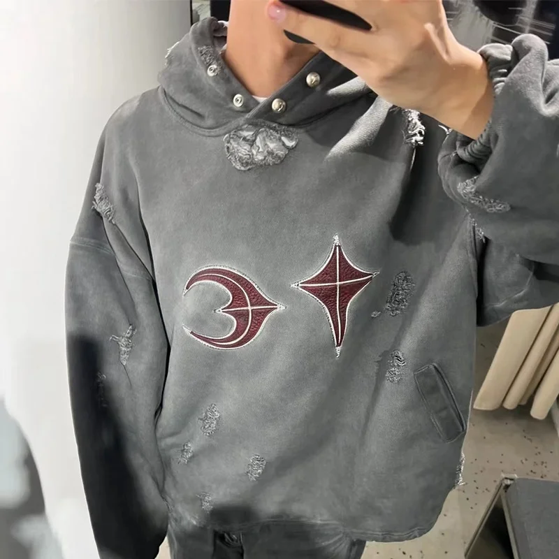 

Randy Breaktough Vintage Heavy-Destroyed Hat Sweatirt Moon Star Youth Trendy oulder-Length Sve Loose Fit Crew Ne
