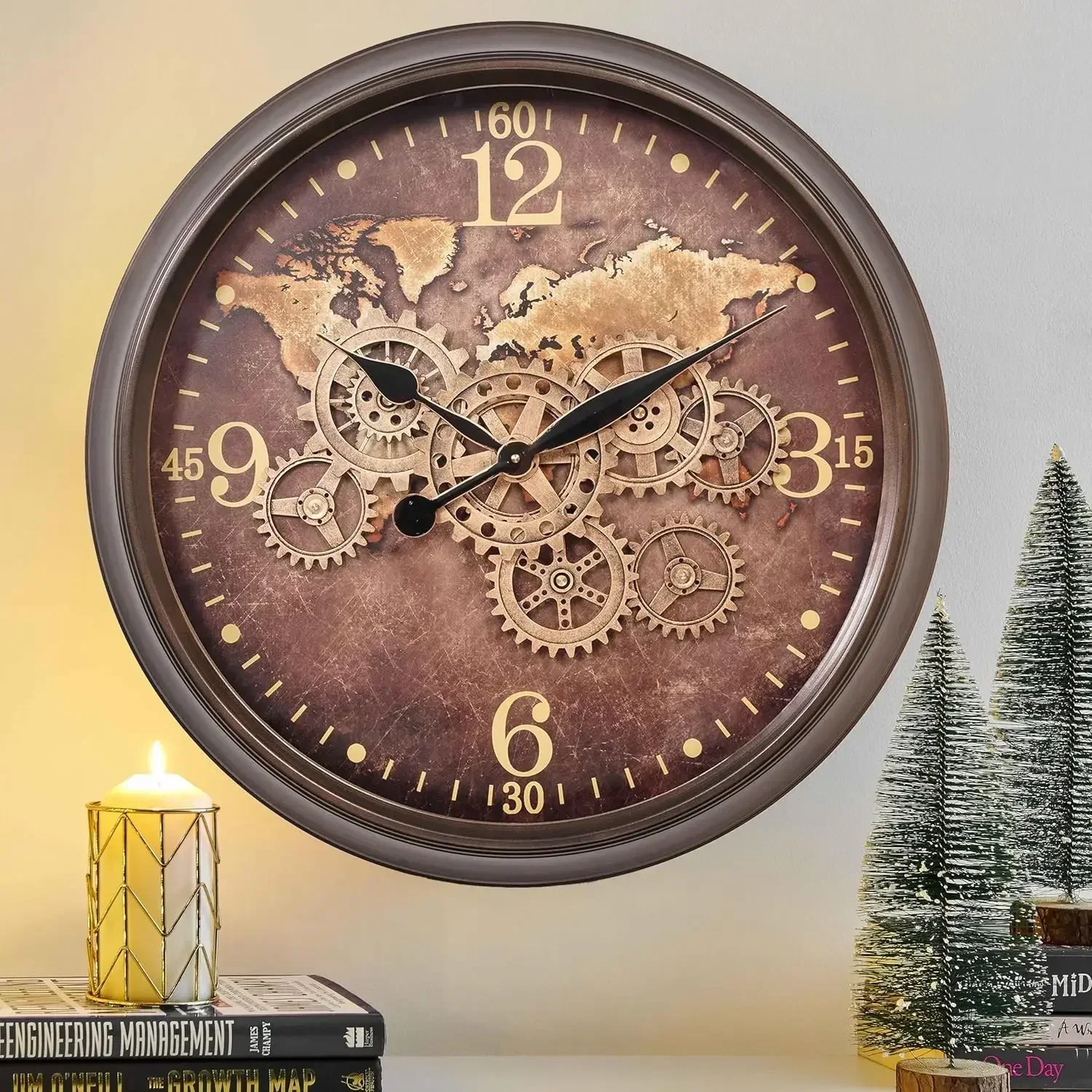 24 Inch Large Wall Clock with Moving Gears, Industrial Clocks with World Map Dial, Oversized Cool Wall Clock for Living Room Dec