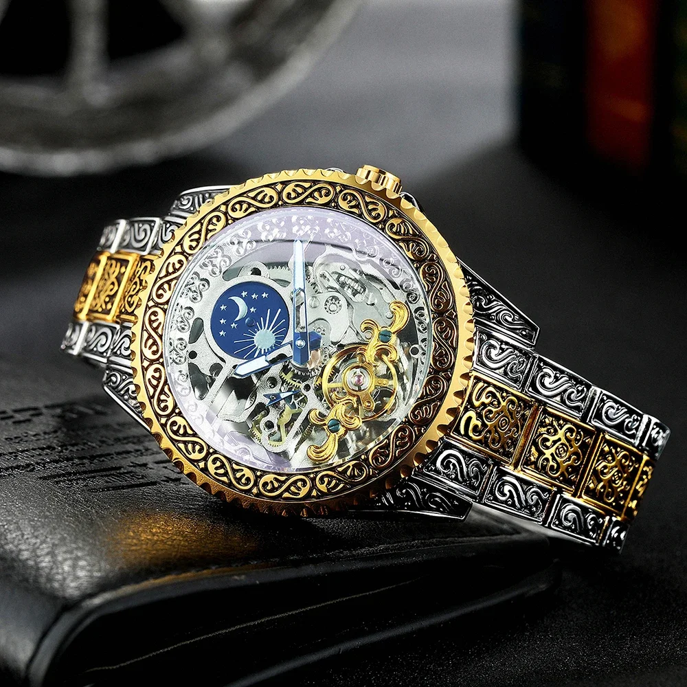 FORSINING 525 Luxury Gold Skeleton Automatic Mechanical Watch Moon Phase Retro Carving Night Light Tourbillon Watches for Man