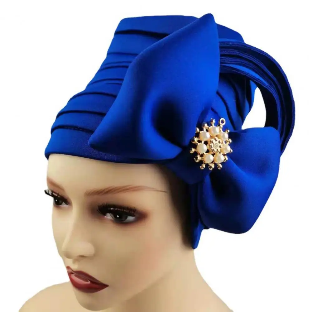 Muslim Hijab Women Turban Cap Pearl Bow Adjustable Satin Breathable African Headwrap Muslim Hat