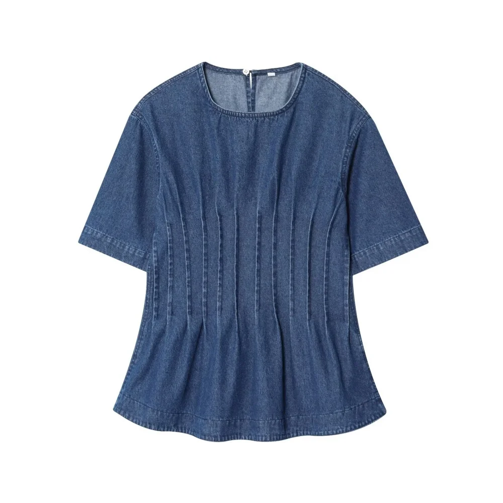 

UNIZERA 2025 new women's casual and fashionable European and American style design, round neck short sleeved cinched denim top