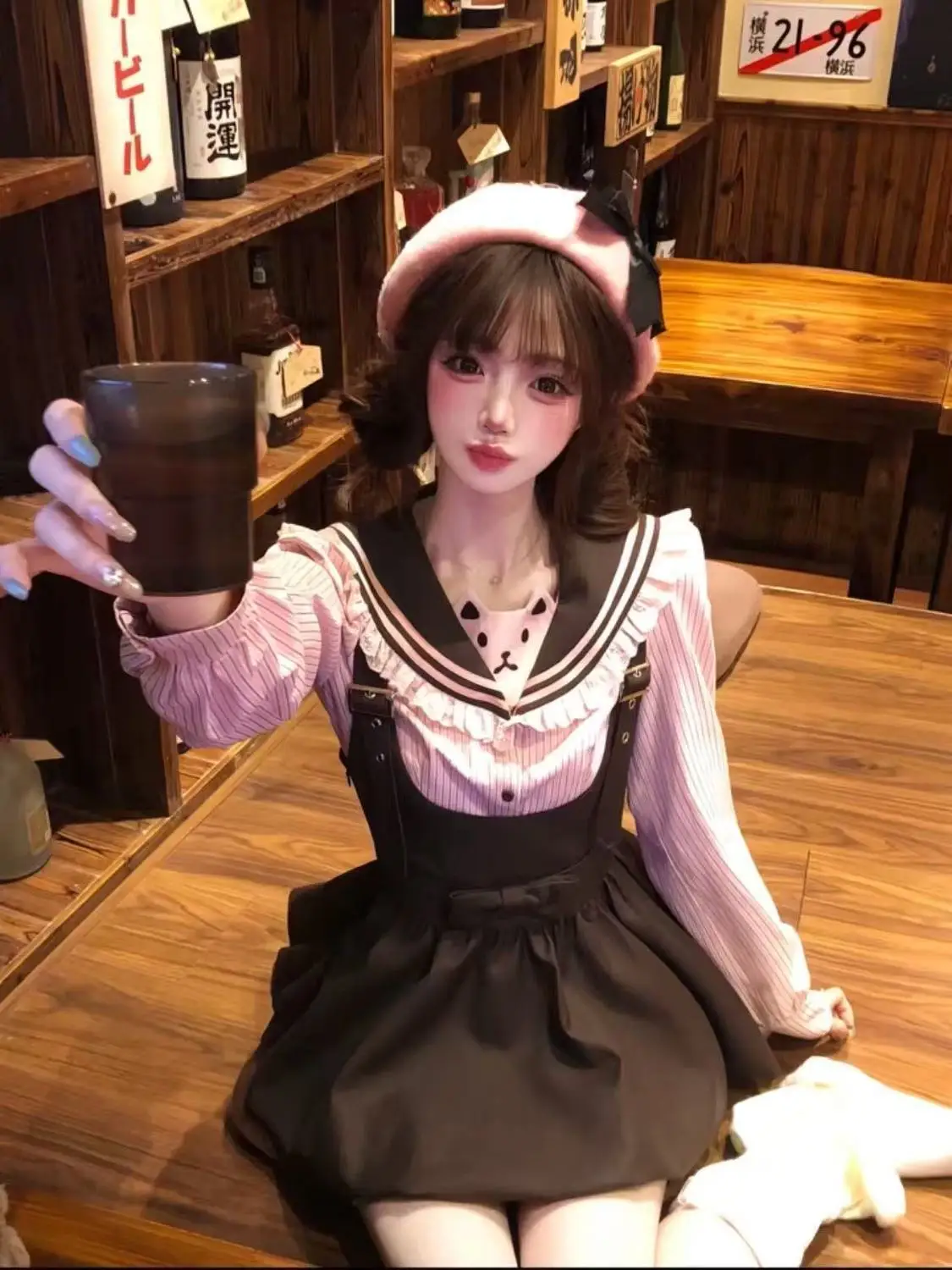 

Японский стиль горничной, милый комплект из двух предметов в стиле Лолиты, женский полосатый топ с кукольным воротником + юбка на подтяжках с бантом, милый комплект Y2K Harajuku