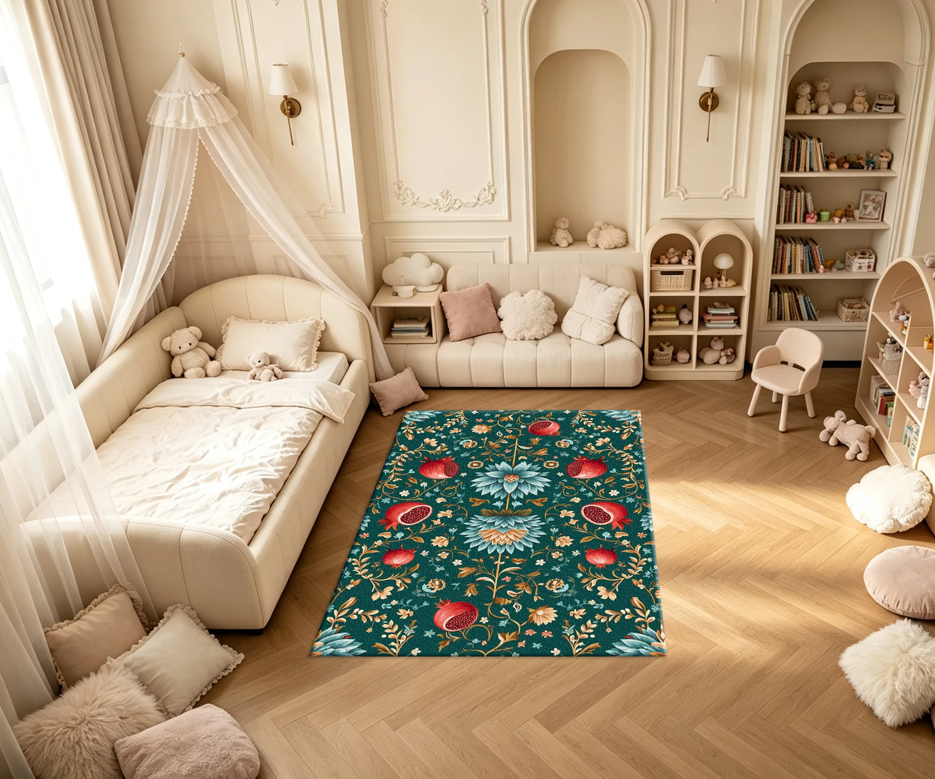 Dark Green Pomegranate Botanical Floral Carpet Flooring Vintage Fruit Flower Seamless Printed Square Floor Rug for Home Ornament