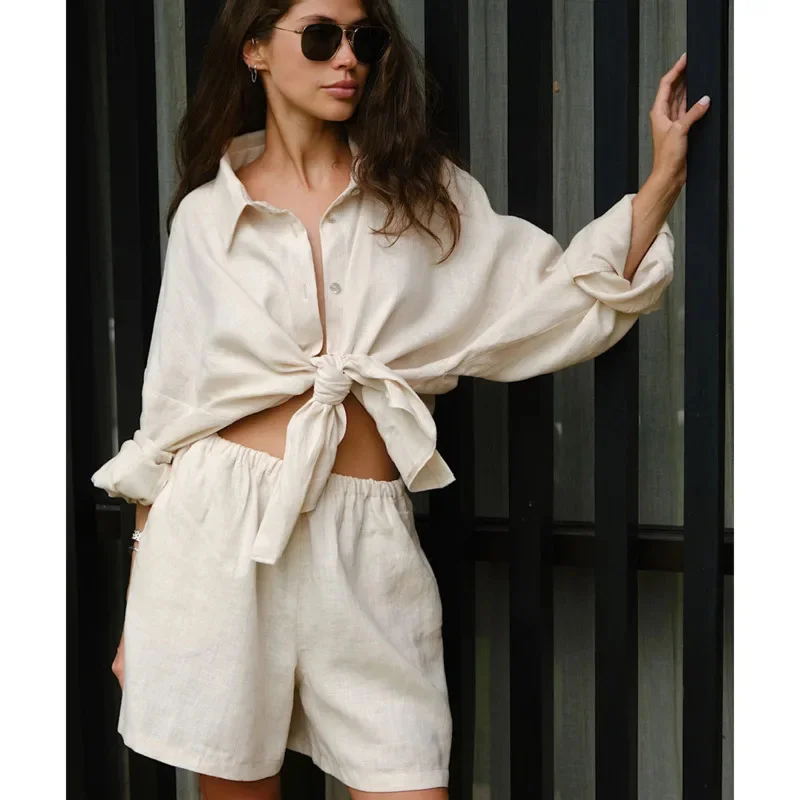 Women Casual Shorts Set 100% Cotton 2 Piece Fashion Cozy Lapel Lantern Sleeve Shirt Elastic Waist Shorts Suit 2024 Summer Outfit