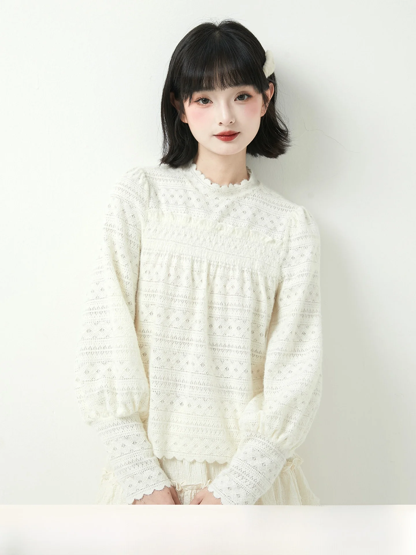 

Мягкий вязаный топ, женский свободный длинный све, круглый базовый слой Ne, молочно-белая пряжа с цветочным принтом, женская мода Sweet Sle